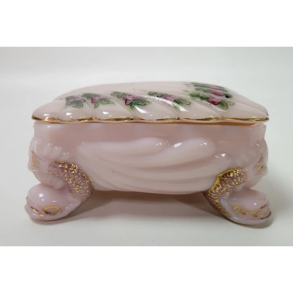Vtg Cambridge Glass Crown Tuscan Trinket Cigarette‎ Box Seashell Pink Roses